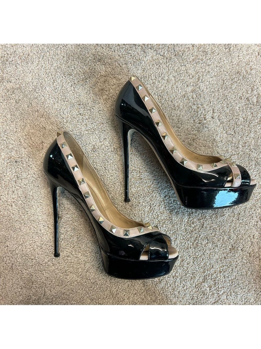 Valentino Rockstud platform peep-toe pumps black patent leather Sz 38.5 - Picture 6 of 13